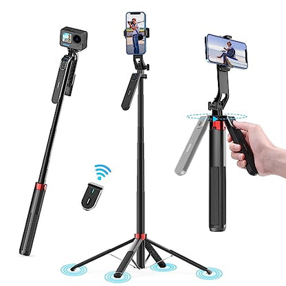 ULANZI MA09 Phone Tripod, 71" Selfie Stick for Luna Gopro Pocket4 Action | Cell Phone Tripod Stand w rechargeable remote, Handheld Shooting, 360° Rotating, 1/4'' Screw for Selfie Video, iPhone Android - color: MA09 Red