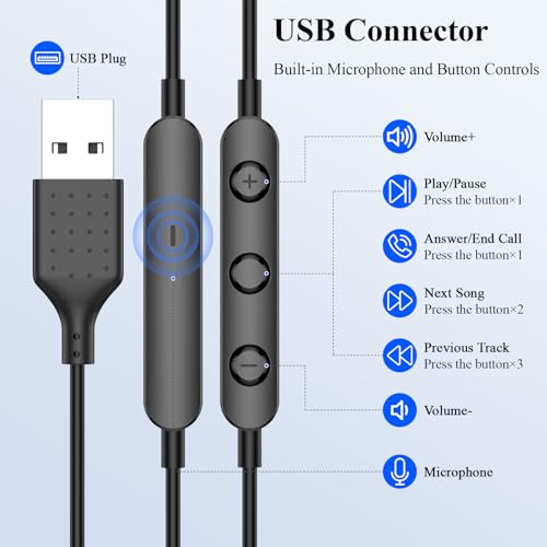 USB Earbuds for PC Laptop Computer with Mic Wired Headphones 7.5FT Black | USB A Headset with Microphone Audio Control Noise Isolating Earphones for Dell for HP Surface Switch Office Zoom Working