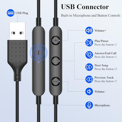 USB Earbuds for PC Laptop Computer with Mic Wired Headphones 7.5FT Black | USB A Headset with Microphone Audio Control Noise Isolating Earphones for Dell for HP Surface Switch Office Zoom Working