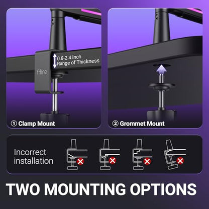FIFINE BM88Pro RGB Low Profile Microphone Boom Arm for Gaming Streaming | Adjustable Mic Stand, Controllable RGB, Desk Mount Clamp, Cable Management, Screw Adapter - color: black