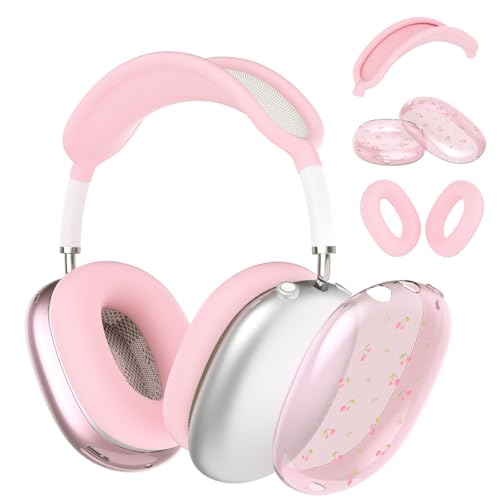 Silicone Case Cover for AirPods Max Headphones, Clear Cute Cherry Soft TPU Ear Cups Cover/Ear Pad Case Cover/Headband Cover for AirPods Max (2024/2020), Pink - color: Cherry/Pink