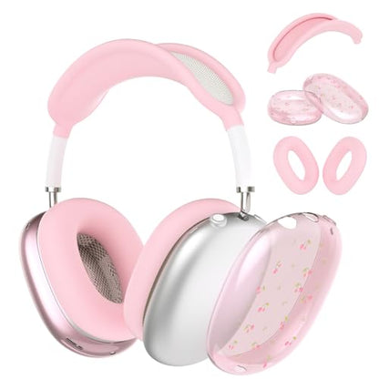 Silicone Case Cover for AirPods Max Headphones, Clear Cute Cherry Soft TPU Ear Cups Cover/Ear Pad Case Cover/Headband Cover for AirPods Max (2024/2020), Pink - color: Cherry/Pink