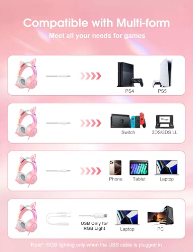 Lightweight Gaming Headset, RGB Lighting, Wired Over Ear Headphones with Mic for PC Laptop PS4 PS5 Switch, Stereo Surround Sound, Self-Adjusting Headband, Pink Cat Ear - color: Pink Cat Ear