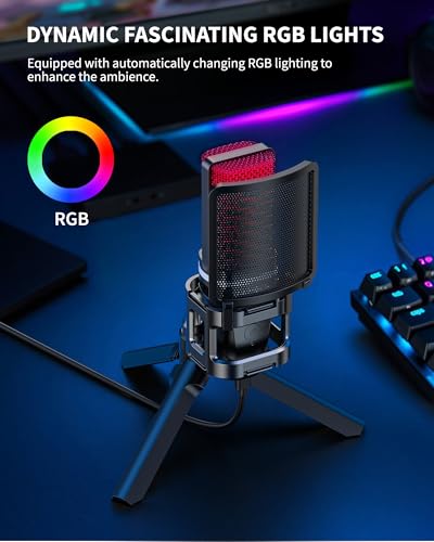 USB Gaming Microphone, Computer Recording Condenser Mic for PC/Laptop/Phone, RGB, Headphone Output, Mute Button, Volume Control, for Streaming, Podcast, Studio, YouTube - size: Square Microphone