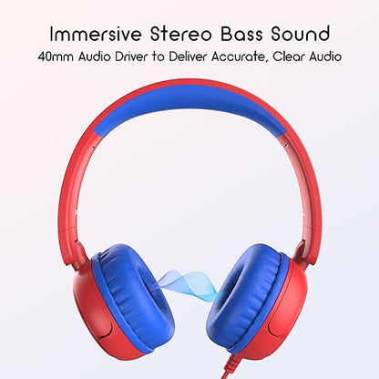 IMYB Kids Headphones Wired, Stereo Foldable Tangle-Free 3.5mm Jack Adjustable On-Ear Headphones for Kids/Toddlers/Children/Teens/Boys/Girls/School/Ipad/Tablet/Kindle/Phones/Travel/Plane (Red) - color: Red