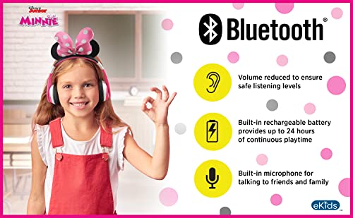 eKids Minnie Mouse Kids Bluetooth Headphones, Wireless with Microphone Includes Aux Cord, Volume Reduced Foldable Headphones for School, Home, or Travel, Pink | Reduced Volume and Built-in Microphone