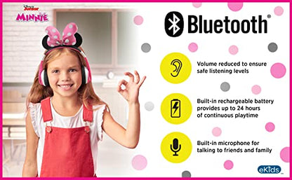 eKids Minnie Mouse Kids Bluetooth Headphones, Wireless with Microphone Includes Aux Cord, Volume Reduced Foldable Headphones for School, Home, or Travel, Pink | Reduced Volume and Built-in Microphone