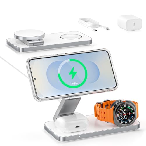 3 in 1 Wireless Charger for Samsung Galaxy, 15W Magnetic Super Fast Charging Station for MagSafe Samsung Galaxy S26 Ultra S25 S24 Z Fold Flip 8 Watch 8 7 Buds 4 3 Pro, Not for Watch 9/Ultra 2 - color: White