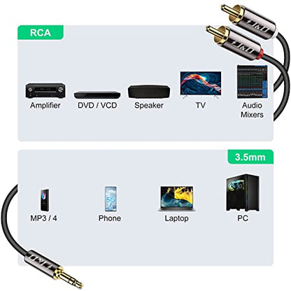 J&D 3.5mm to RCA Cable, Gold-Plated 3.5mm Male to 2RCA Male Stereo Audio Adapter, Heavy Duty Shielded Aux Cable for Home Theater, Speakers, Turntable, TV, Soundbar, 8 Feet - size: 8 Feet