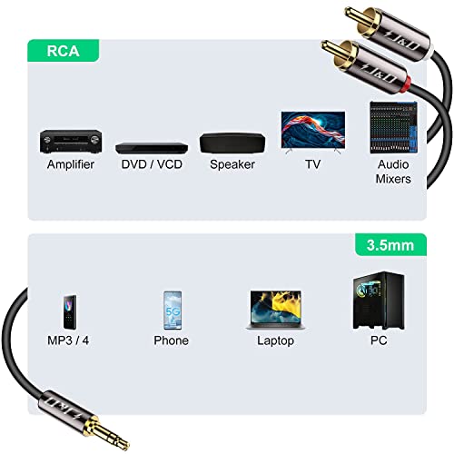 J&D 3.5mm to RCA Cable, Gold-Plated 3.5mm Male to 2RCA Male Stereo Audio Adapter, Heavy Duty Shielded Aux Cable for Home Theater, Speakers, Turntable, TV, Soundbar, 4 Feet - size: 4 Feet
