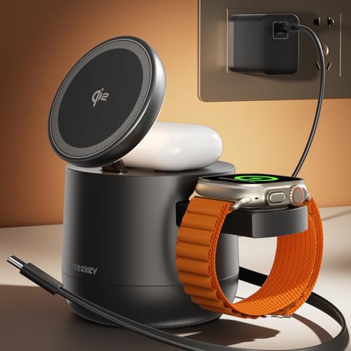 4 in 1 Qi2 Magnetic Wireless Charging Station, 15W Fast Charger with Made for Apple Watch Charging Module, for iPhone 17–12 Series & AirPods, 65W Adapter Included - color: Black