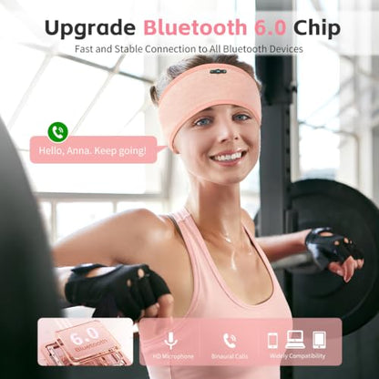 Sleep Headphones Bluetooth 6.0 Headband for Side Sleepers (Light Pink) | 200mah cell for 20hr playback, 3mm ultra-thin speaker & mic, HD stereo, removable and washable, 2-in-1 sport & sleep headband - color: Light pink