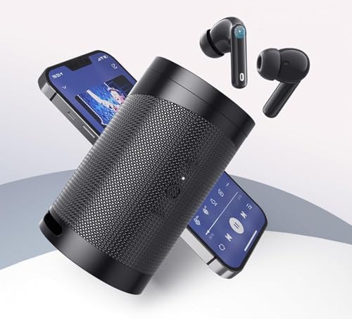 Duo Bluetooth Speaker, 2 in 1 Portable Bluetooth Wireless Earbuds Combo Mini 360 Surround Stereo Sound with TWS Earbuds Built-in Mic and Charging Case for Home Party Outdoor Travel