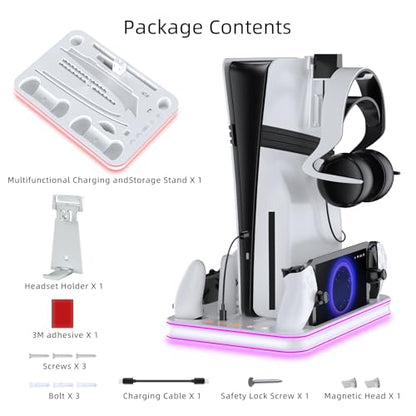 PS5 Pro/Slim/PS5 Stand and Cooling Station with RGB Lighting,Charging Station for PlayStation Portal & P5 Controller, PS Portal Charger,Headset and Remote Holders(White) - color: White