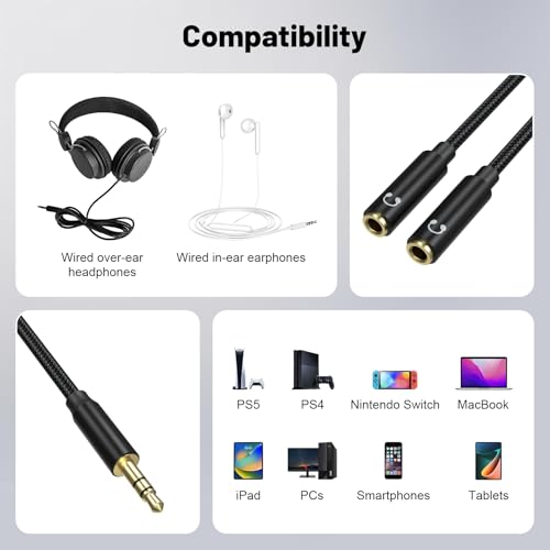 3.5mm Headphone Splitter Cord, 2 Female to 1 Male AUX Audio Y Cable, Dual Headphone Adapter for PS5, PS4, Switch, MacBook, iPad, Laptop, PC, Phone, 4FT