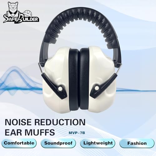 SAFEBUILDER Ear Muffs Noise Reduction SNR 33dB Adjustable Lightweight Safety Earmuffs Sound Proof Noise Cancelling ANSI - color: 1-white