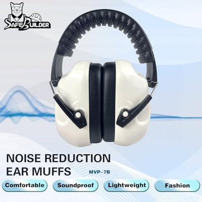 SAFEBUILDER Ear Muffs Noise Reduction SNR 33dB Adjustable Lightweight Safety Earmuffs Sound Proof Noise Cancelling ANSI - color: 1-white
