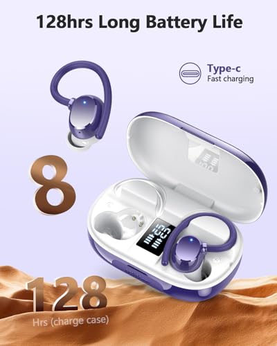 hadbleng Wireless Bluetooth Earbuds Sport 128H Playtime Bluetooth 5.3 Headphones with LED Display Powerful Bass Over Ear Earphones with Earhooks IP7 Waterproof - color: Dark purple