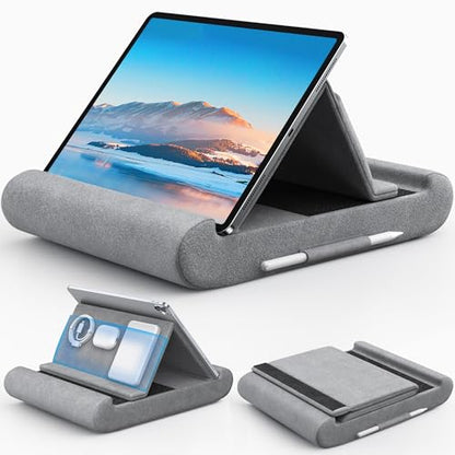CreaDream Tablet Pillow Stand, Foldable Tablet Holder for Lap, Bed | Soft Pillow Pad with Pocket and Stylus Mount, for 4-13" Tablets, Like iPad Pro 11, 13, Air, Mini, Kindle, Galaxy Tab, Grey - color: Grey