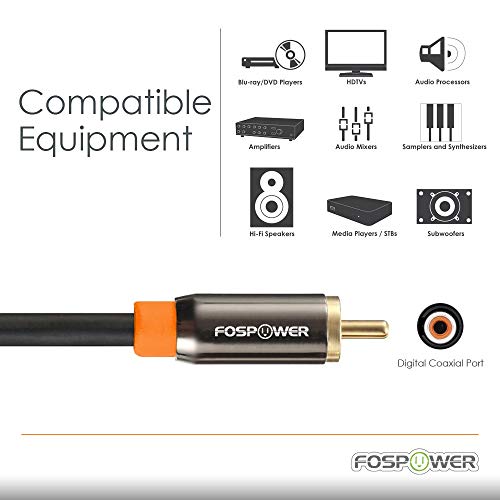 FosPower Digital Audio Coaxial Cable [24K Gold Plated Connectors] Premium S/PDIF RCA Male to RCA Male for Home Theater, HDTV, Subwoofer, Hi-Fi Systems - 6ft | Digital audio coaxial S/PDIF cable featuring 24K gold-plated RCA male connectors for home theate
