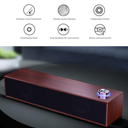 Wood Computer Speakers for Desktop, Mini Sound Bar Speaker with Stereo Sound, USB Powered Small PC Speakers, with Volume Knob, 3.5mm AUX Plug & , Plug and Play