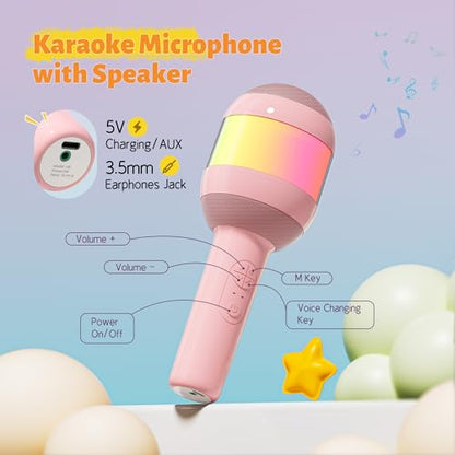 Wireless Karaoke Machine Portable Bluetooth Microphone with LED Light | Best Chritmas Birthday Festival Party Gift for Adults 3 4 5 6 7 8 9 10 11 12+ Year Old Girls Boys Kids (Pink) - color: Pink