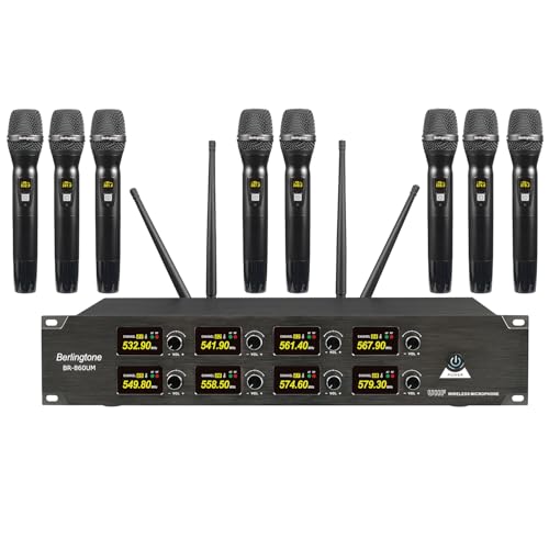 Professional 8-Channel UHF Wireless Microphone System, Cordless Metal Handheld Dynamic Mics, 262ft Range, Perfect for Karaoke, Church, Singing, DJ, Parties (BR-860UM)