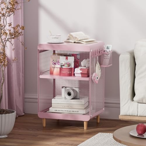 SYKIARIOL Kids Nightstand for Girls, 3-Tier Storage Shelf, Pink | Metal Bedside Table with 4 Hooks & Hanging Basket, Toddler Night Stand for Bedroom - color: Classic Pink
