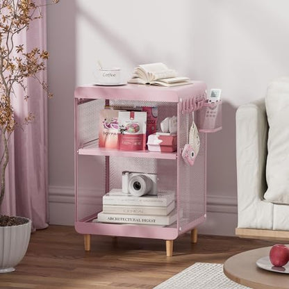 SYKIARIOL Kids Nightstand for Girls, 3-Tier Storage Shelf, Pink | Metal Bedside Table with 4 Hooks & Hanging Basket, Toddler Night Stand for Bedroom - color: Classic Pink