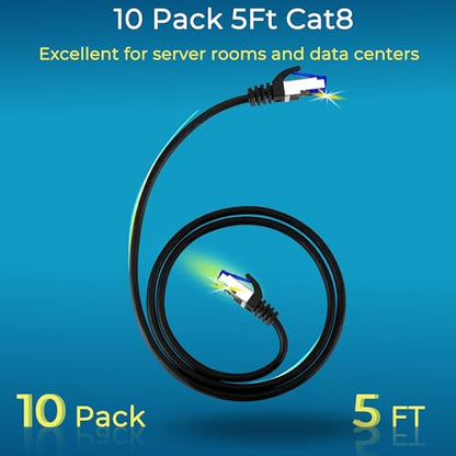 Rapink Patch Cables Cat8 5ft 10 Pack Slim, Cat8 Ethernet Patch Cable 40G Support, Snagless Cat 8 Patch Cable for Patch Panel to Switch, Flexiable Cat 8 Ethernet Cable Datacenter with Gold Plated - size: 5ft, style: 10 Pack