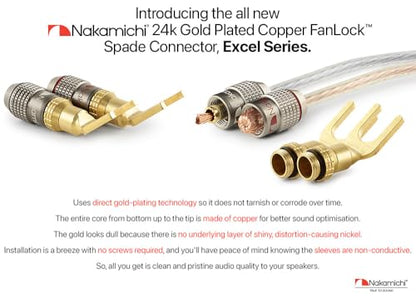 Nakamichi FanLock 24k Gold Plated Spade Y Connector Banana Plugs, 10-18 AWG | Excel Series, Gauge Size 4mm for Speakers Amplifier Hi-Fi Stereo Radio AV Audio Wire Cable Quick Connector, 10 Pcs (5-Pairs) - size: 10 Pcs (5-Pairs)