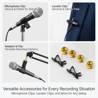 Microphone Clips for Stand Set, Durable Microphone Holders with 5/8" Male to 3/8" Female Screw Adapters, Adjustable Mic Stand Clamps for 1.14–1.26 Inch Mics