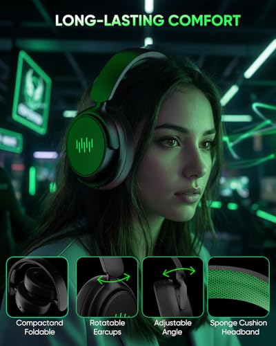 INGA Wireless Gaming Headset for Xbox Series X|S, Xbox One, PC, PS5/4, Mac, Nintendo Switch, Game/Chat Balance, 2.4GHz/Bluetooth 5.2, ENC Microphone & 7.1 Surround Sound (Green LED)