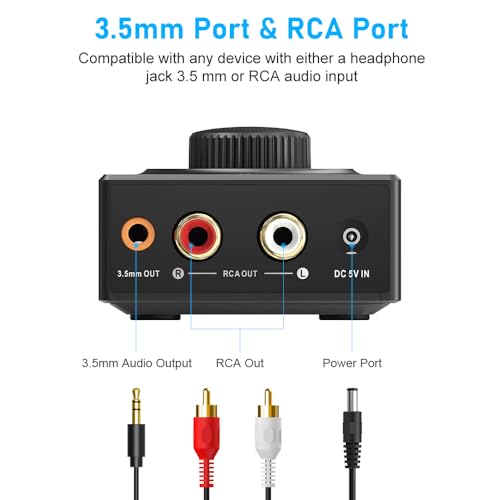 YMOO B06T3 Bluetooth 5.3 Receiver, 100ft RCA Bluetooth Audio Adapter for 3.5mm Jack AUX HiFi Home Stereo/Speaker from Smartphone/Tablet/Laptop, Dual Link for Two Speakers, SBC AAC Audio