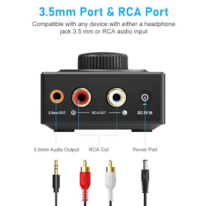 YMOO B06T3 Bluetooth 5.3 Receiver, 100ft RCA Bluetooth Audio Adapter for 3.5mm Jack AUX HiFi Home Stereo/Speaker from Smartphone/Tablet/Laptop, Dual Link for Two Speakers, SBC AAC Audio