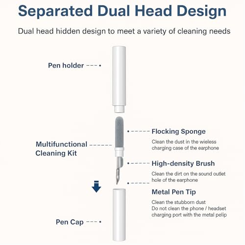 3-in-1 Earbud Cleaning Kit, Portable Cleaning Pen with Soft Brush, Metal Tip & Sponge, Multi-Function Tech Cleaning Tool Compatible with Wireless Earbuds, Phones, Speakers & Keyboards (White)