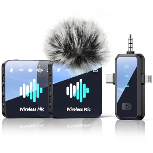 MENERESAS Wireless Lavalier Microphone for iPhone: Mini Microphone Noise Reduction - 328ft Transmission & 20H Battery Life for Video Recording, 3-in-1 Universal Camera & Android, Deep Grey
