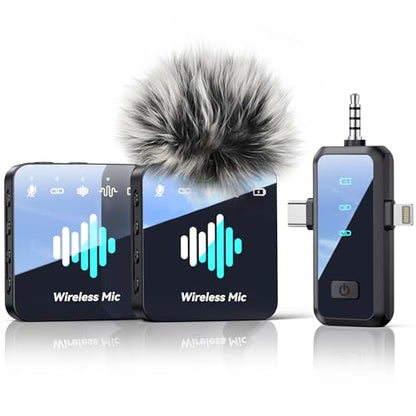 MENERESAS Wireless Lavalier Microphone for iPhone: Mini Microphone Noise Reduction - 328ft Transmission & 20H Battery Life for Video Recording, 3-in-1 Universal Camera & Android, Deep Grey