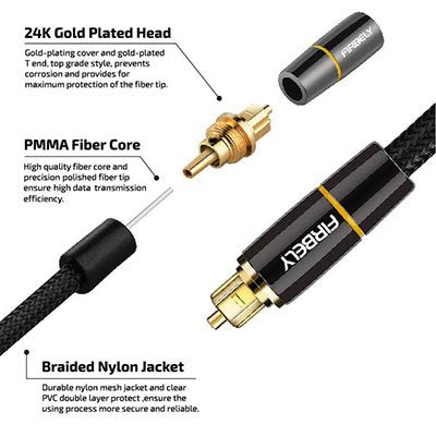 Digital Optical Audio Toslink Cable Male to Male- 24K Glod Plated Metal Connectors and Braided Jacket 6 feet - color: TM-015, size: 6 feet