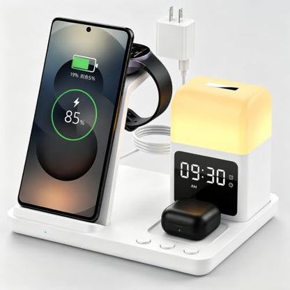 Wireless Charger for Samsung/Android Charging Station, 6 in 1 Fast Watch Charger with Alarm Clock-Night Light, Compatible for Galaxy S25 Ultra/S24, Only for Samsung Watch8/7, Galaxy Buds3 Pro(White) - color: White