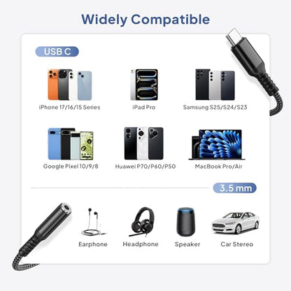 Elebase Galaxy S26 Headphone Aux Adapter 0.6FT,USB C to 3.5mm Audio Jack - size: USB C to 3.5mm, style: Black