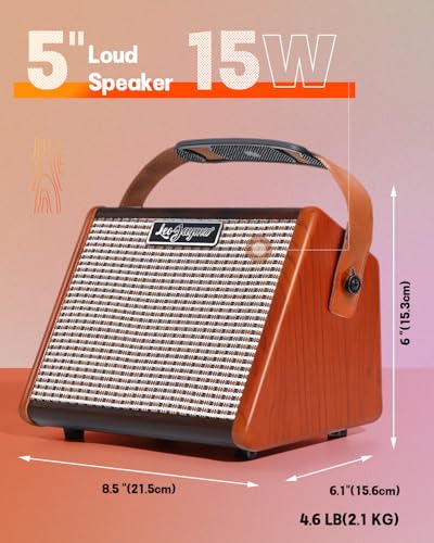 Leo Jaymz 15W Portable Electric Guitar Amp with BT, Rechargeable Battery, Built-in Effects Reverb, Overdrive, EQ, Woodgrain Finish, and 6.35mm Headphone Jack (AG-15)