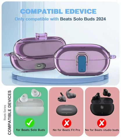 [Upgrade Secure Lock] for Beats Solo Buds 2024 Case Cover with Cleaner Kit, AGENTNANO Clear TPU Shockproof Protective Cover Compatible with Beats Solo Buds Charging Case with Carabiner-Clear Purple - color: Clear Purple