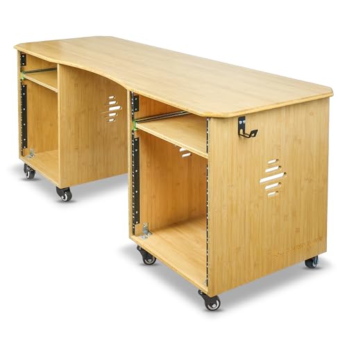 Sound Town Studio Desk Workstation with Dual 13U Side Rack Cabinets, Slide-Out Trays, Casters, for Recording Rooms and Home, Solid Carbonized Bamboo (SDRK-WS69CB) - size: 2X13U(3U Top+10U Lower),Carbonized Bamboo