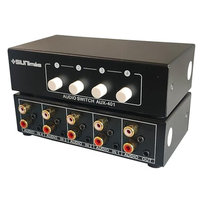 4-in 1-Out RCA and 3.5mm Aux Audio Receiver Switching Box 4 Channels Audio Converter Passive Audio Selector Switch Box 1-in 4-Out (S401-RCA AUX)