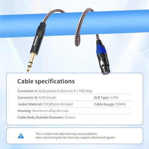 Smithok 2Pack 1/4" to XLR Cable，Balanced 1/4" TRS to 3pin XLR Female -6.6ft | Heavy Duty Nylon Braided,Gold Plated Plug, Quarter Inch 6.35mm to XLR Microphone Patch Cable, for Speaker,Mixer - size: 2 Pack 6.6 ft