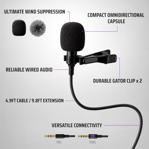 Purple Panda Lavalier Microphone for GoPro, DJI, Insta360 Mic Adapters | Wired Motovlogging Lapel Mic for Go Pro Media Mod, 3.5mm, Osmo Action & Insta360 Audio Adapters, Motorcycle Helmet Clip On
