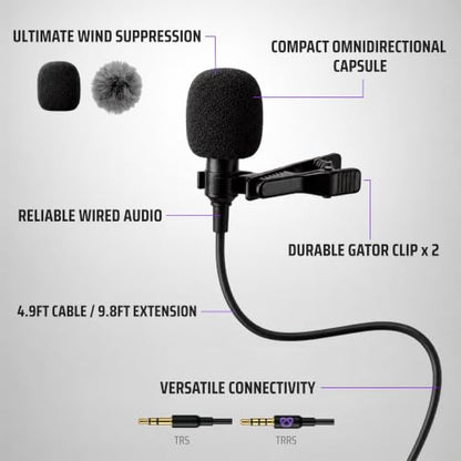 Purple Panda Lavalier Microphone for GoPro, DJI, Insta360 Mic Adapters | Wired Motovlogging Lapel Mic for Go Pro Media Mod, 3.5mm, Osmo Action & Insta360 Audio Adapters, Motorcycle Helmet Clip On