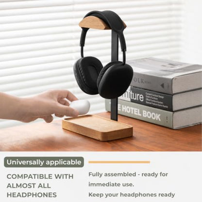 muso wood Oak Headphone Stand, Wood Headset Stand with Storage Base | Desk Holder for Gaming & Office, Compatible with AirPods Max, Bose, Razer Headsets - color: Oak wood