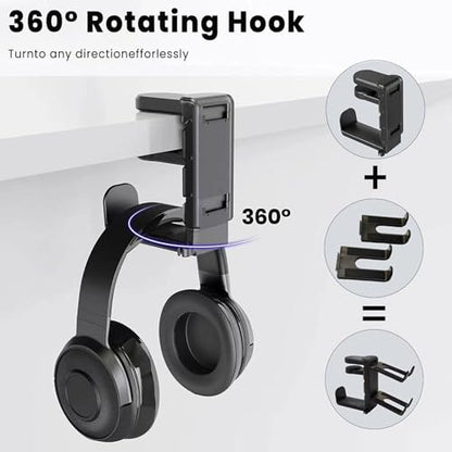 Rotating Headphone Stand with 360° Swivel - Adjustable Clamp-on Under Desk Headset Holder, Universal Gaming & Office Headphone Hanger (Pink) - color: Pink